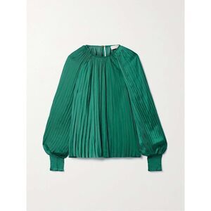 Ulla Johnson Womens Dark Green Satin Long Sleeve Aidy Pleated Blouse Size 8 NWOT